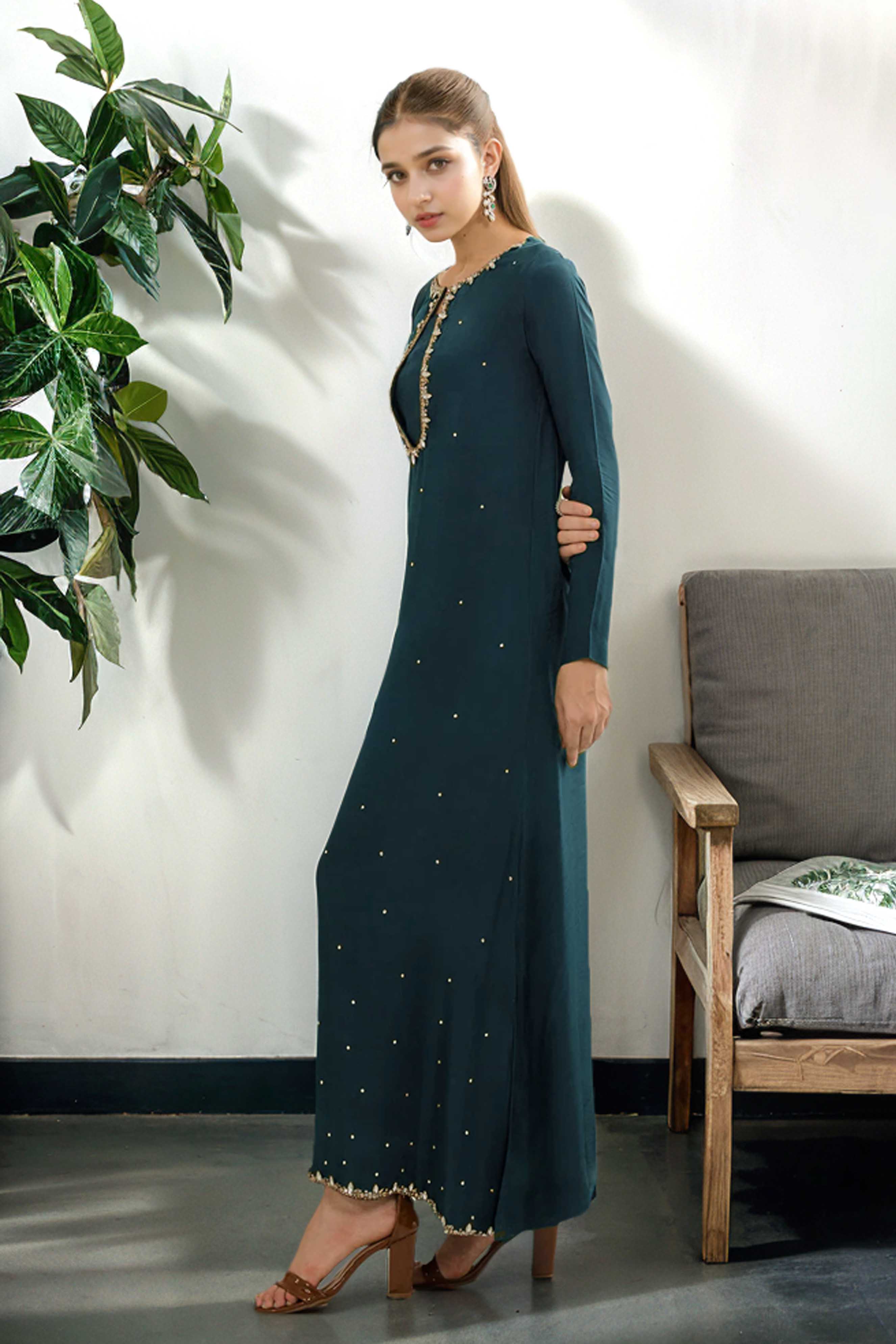 Hand Embellished Teal Green Long Gown